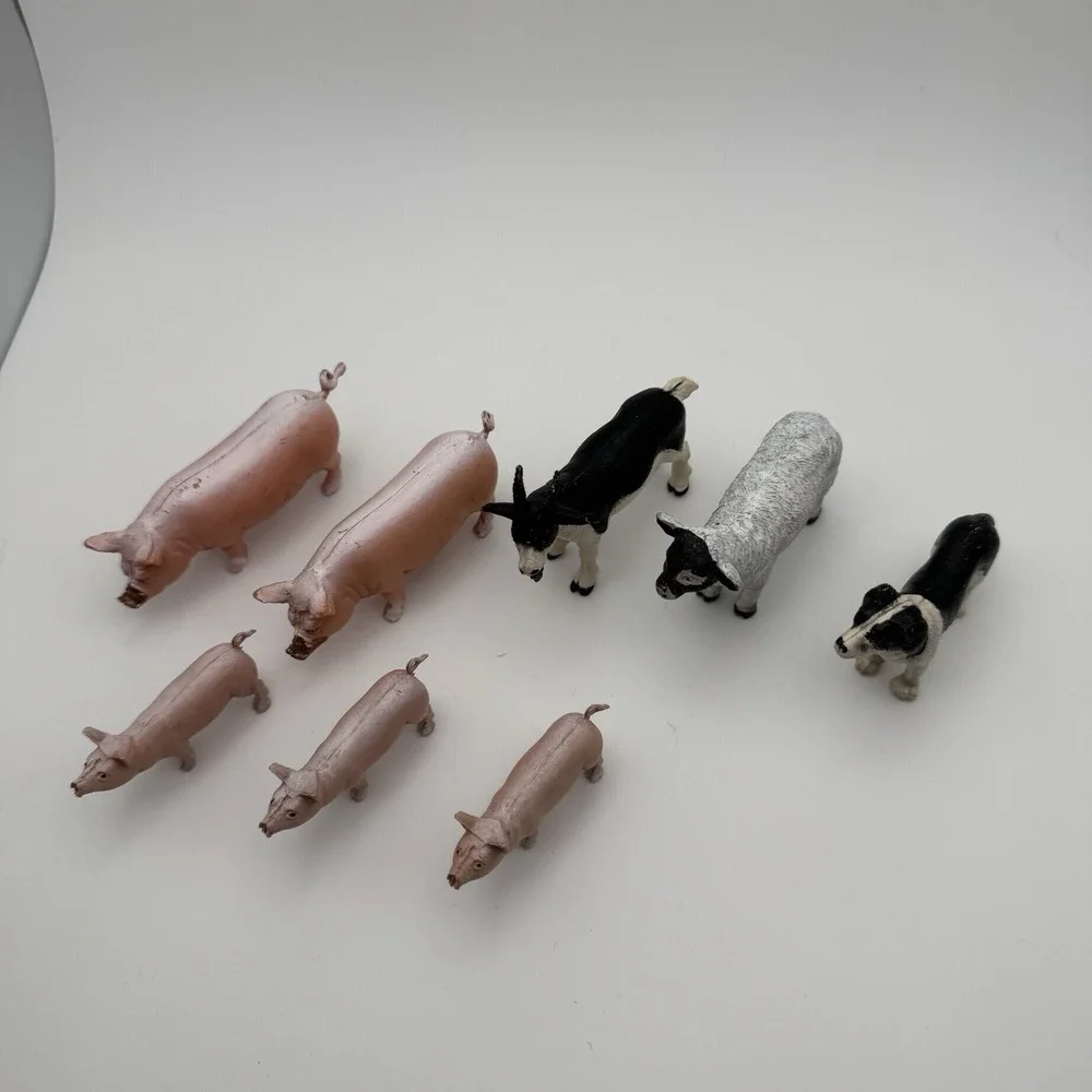 1989 Funrise ~ 8 Farm Animals Figurines Pig Sow Piglets Dog Goat Sheep Lamb Vtg